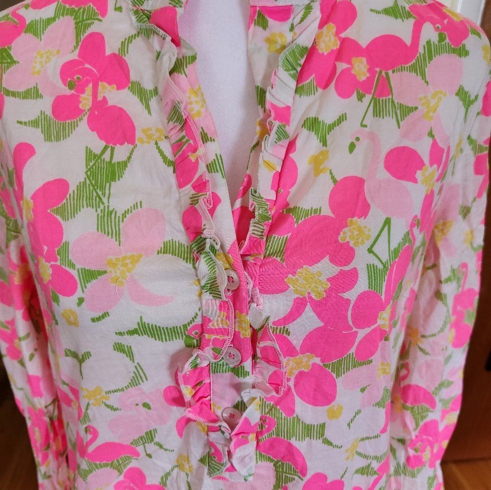 Lilly Pulitzer Floral Flamingo Roll Tab Sleeve Tunic Size 2 - Picture 6 of 10